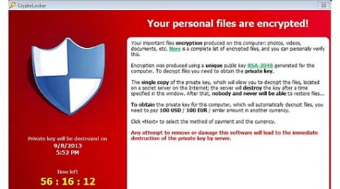 The CryptoLocker ransom screen telling the user that their personal files are encrypted, with a countdown