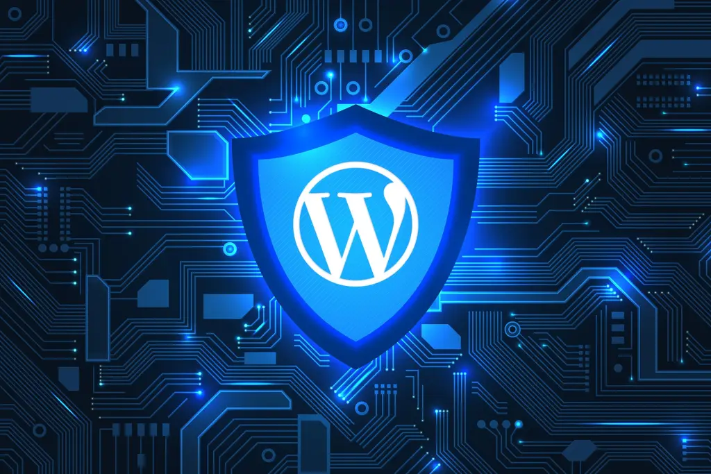 Scudo con il logo WordPress su un circuito elettronico luminoso