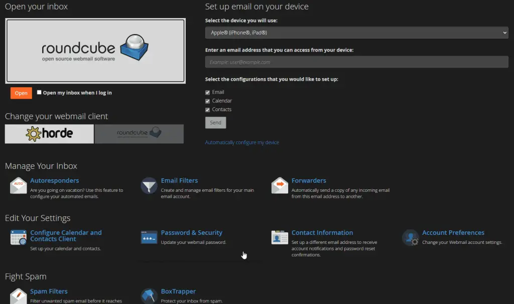 Webmail di cPanel con la voce Password & Security nella sezione Edit Your Settings