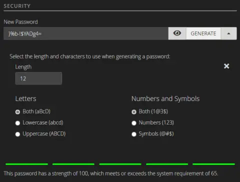 Sezione Security di cPanel con il generatore di password, la lunghezza e i tipi di caratteri