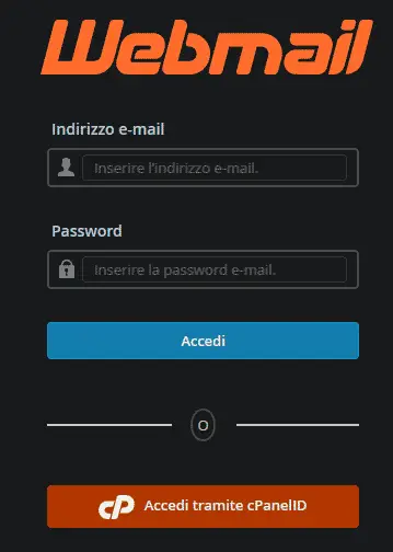 Schermata di accesso a Webmail con i campi indirizzo e-mail e password e il pulsante Accedi