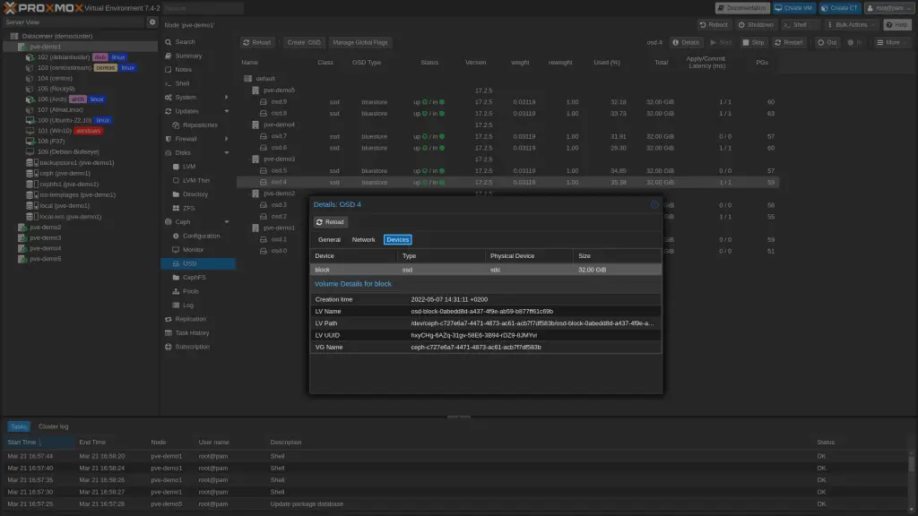 Interfaccia di Proxmox VE 7.4 con la finestra Details di un OSD Ceph sulla scheda Devices