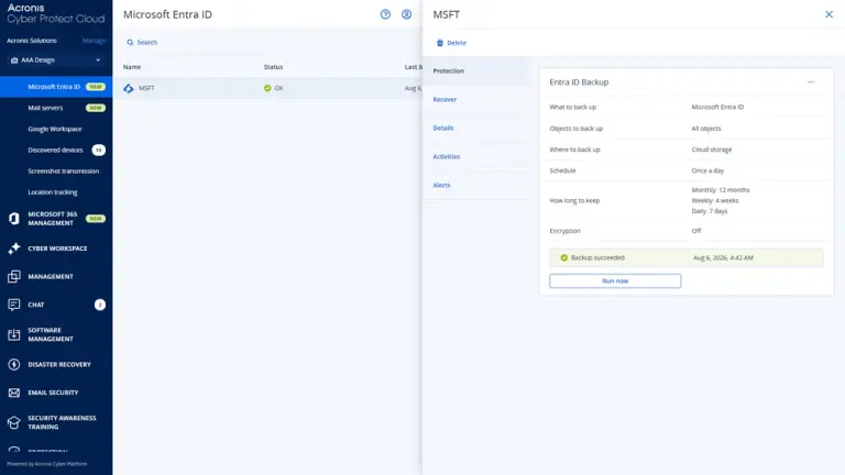 Microsoft Entra ID backup in Acronis: the protected identity objects
