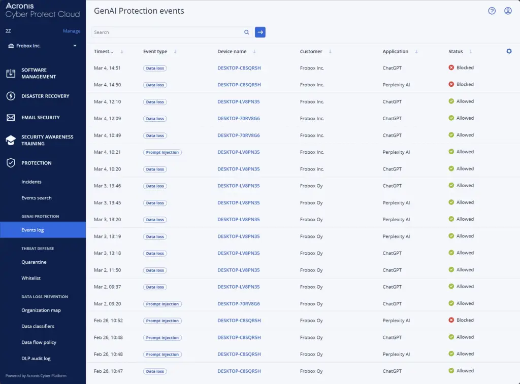 Il registro eventi di GenAI Protection: per ogni dispositivo, perdite di dati e prompt injection bloccate o ammesse