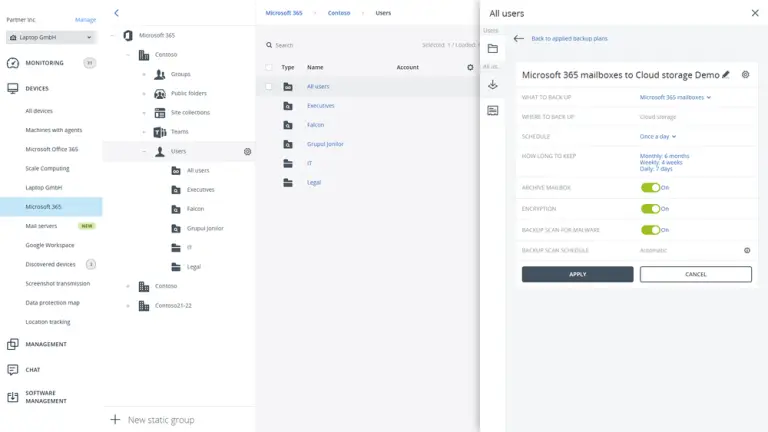 La console Acronis con un piano di backup delle caselle Microsoft 365: frequenza, conservazione, cifratura e scansione