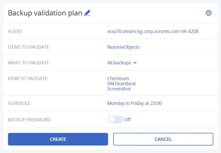 The backup validation plan in Acronis: scheduled checksum verification, VM heartbeat and screenshot