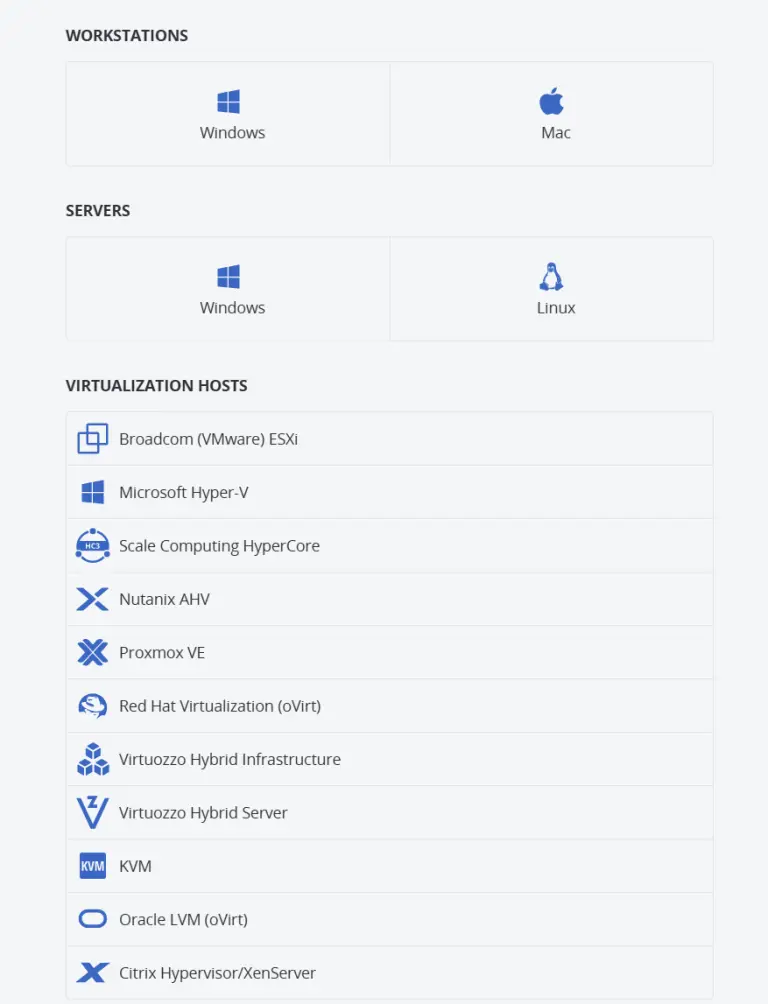 The platforms Acronis protects: Windows and Mac workstations, Windows and Linux servers, eleven hypervisors including Proxmox VE
