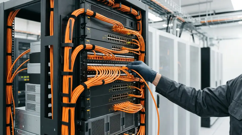 I server con il cablaggio arancione di un cluster Proxmox nel data center Rackone