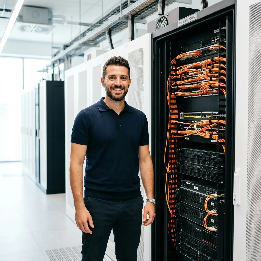 Un sistemista senior Rackone accanto a un rack di server