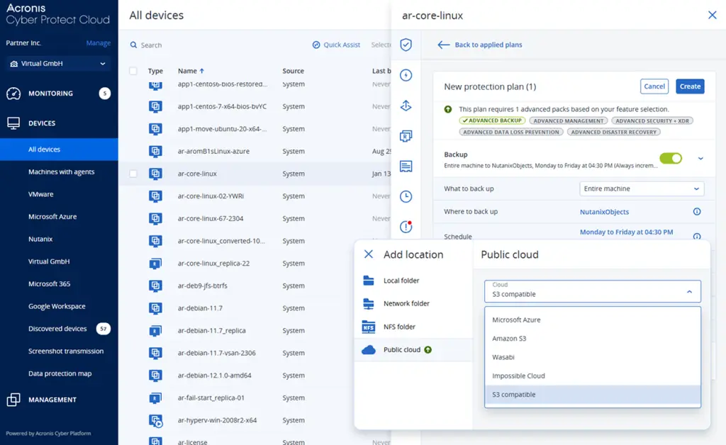 La console di Acronis Cyber Protect Cloud con l'elenco dei dispositivi e un piano di protezione aperto