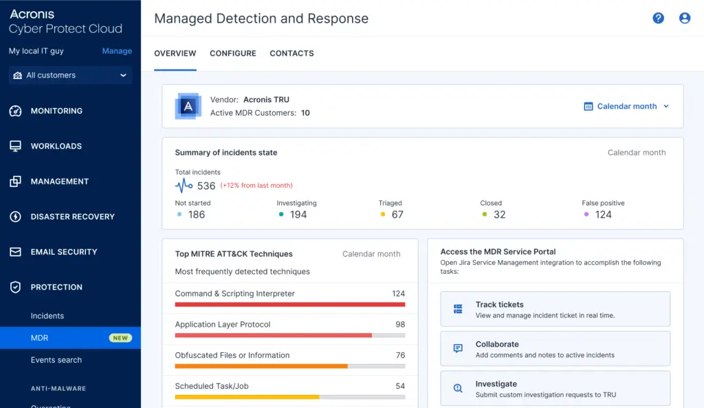 La panoramica MDR nella console di Acronis: il fornitore Acronis TRU, gli incidenti per stato e le tecniche MITRE ATT&CK più frequenti