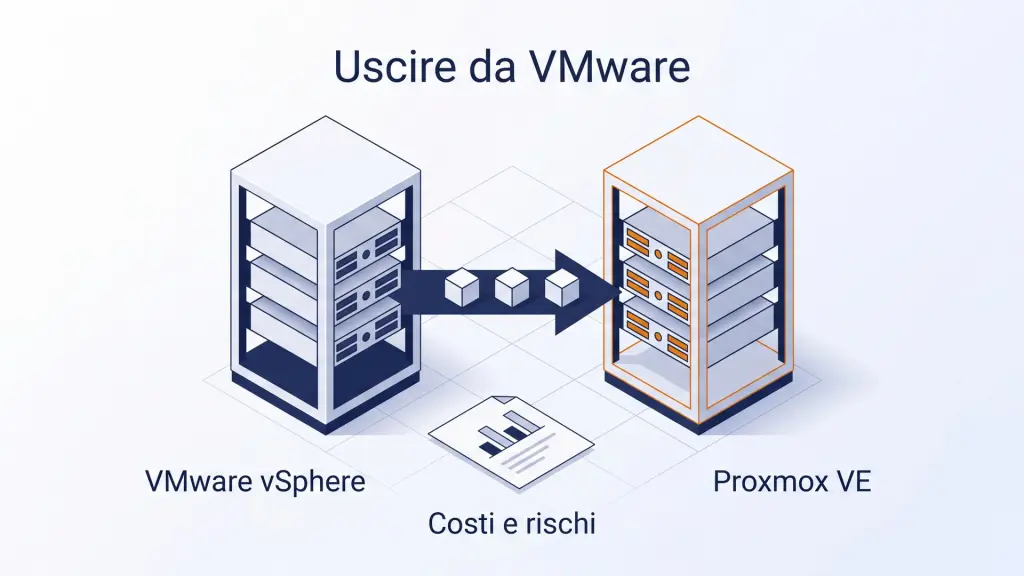 Tre VM passano da un rack VMware vSphere a uno Proxmox VE, con un foglio Costi e rischi, sotto il titolo Uscire da VMware