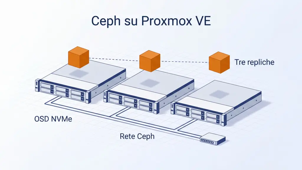 Tre server con dischi NVMe e una copia dei dati su ciascuno, collegati dalla rete Ceph, sotto il titolo Ceph su Proxmox VE