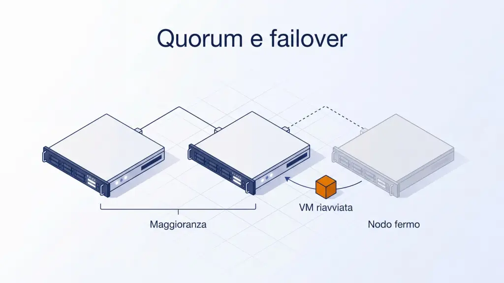 Tre nodi: due fanno maggioranza, il terzo è fermo e la VM riparte altrove, sotto il titolo Quorum e failover