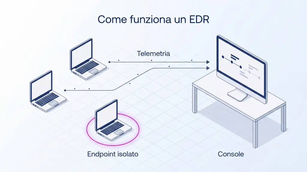 Due portatili mandano la telemetria alla console, il terzo resta isolato, sotto il titolo Come funziona un EDR
