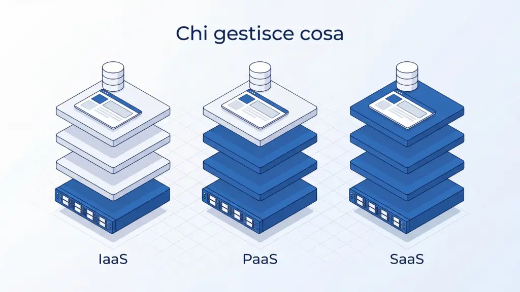 Tre pile IaaS, PaaS e SaaS con sempre più livelli in blu gestiti dal fornitore, sotto il titolo Chi gestisce cosa