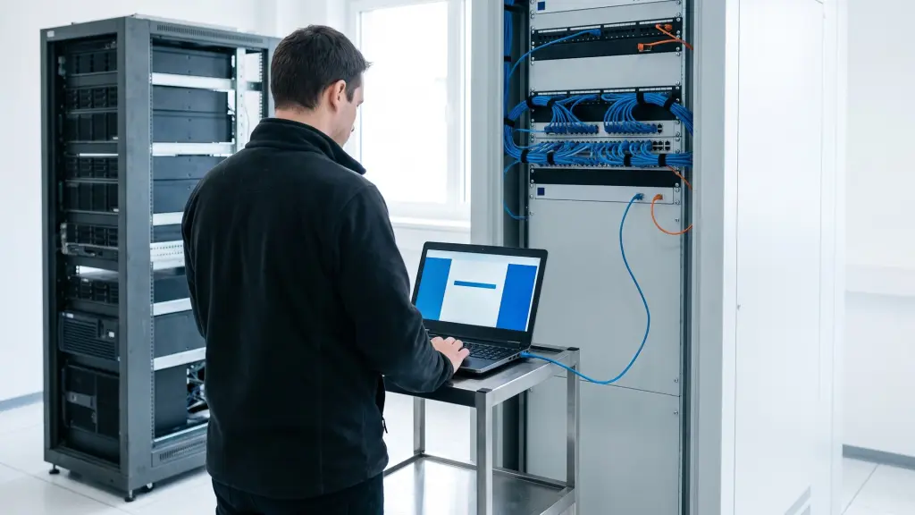 Un sistemista di spalle lavora al portatile su un carrello, fra un rack di server scuri e un armadio con cavi di rete blu