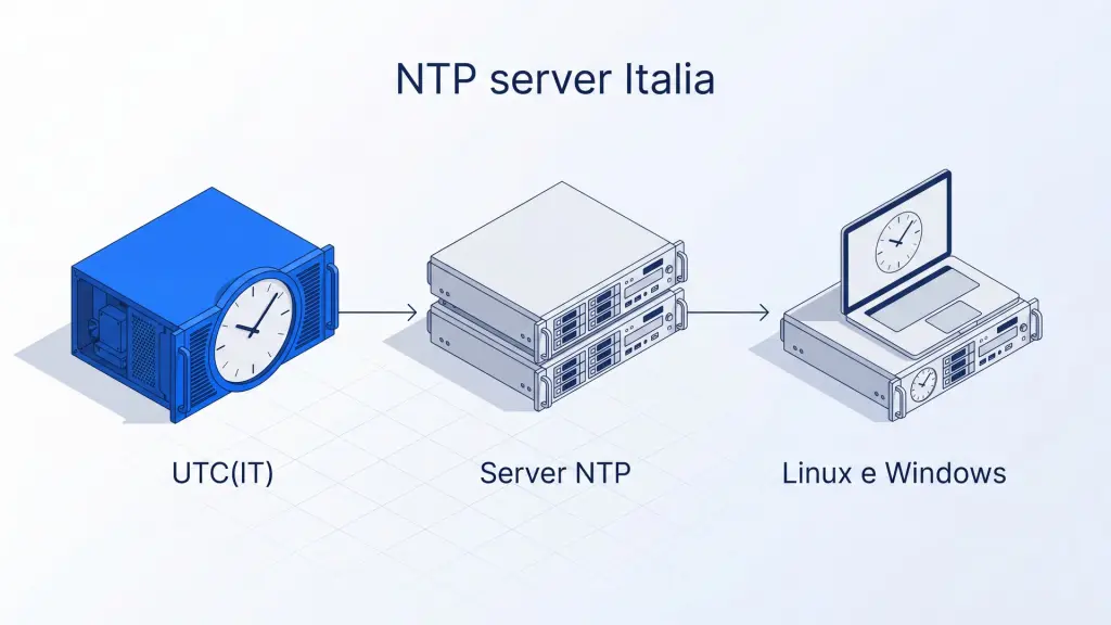 L'ora di UTC(IT) passa da un orologio di riferimento ai server NTP e poi a Linux e Windows, sotto il titolo NTP server Italia