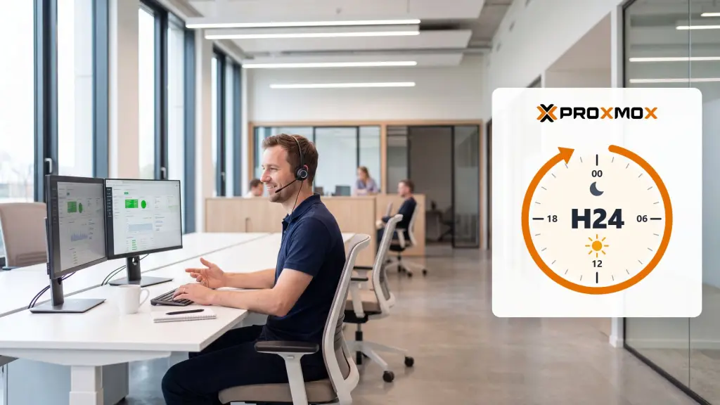 Tecnico con cuffie e microfono in un open space moderno, accanto al logo Proxmox e a un quadrante delle 24 ore