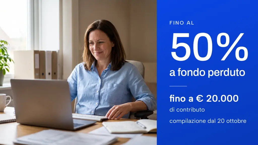 Imprenditrice al portatile accanto alla scritta: fino al 50% a fondo perduto, fino a € 20.000, compilazione dal 20 ottobre