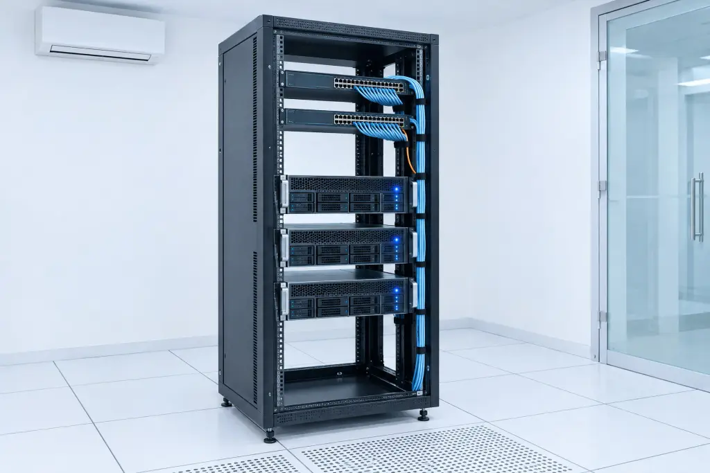 Un armadio rack in una piccola sala server nuova, con tre server identici e due switch sopra di loro