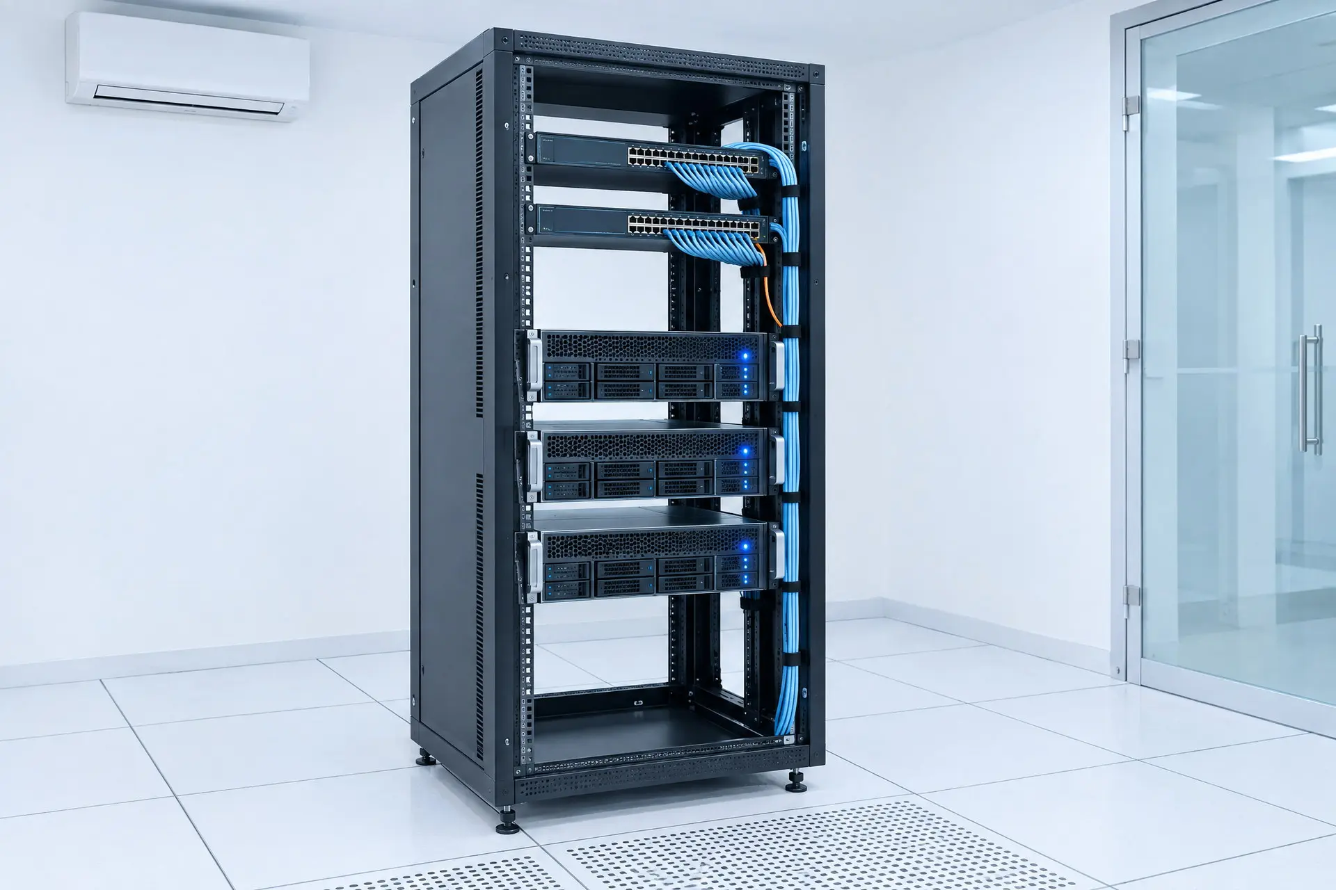 Un armadio rack in una piccola sala server nuova, con tre server identici e due switch sopra di loro