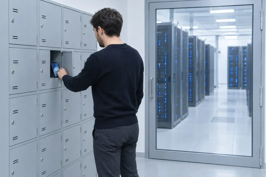 Un sistemista lascia lo smartphone in un armadietto prima di entrare nella sala server isolata