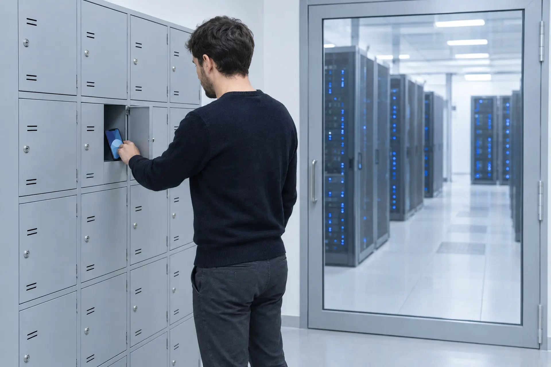 Un sistemista lascia lo smartphone in un armadietto prima di entrare nella sala server isolata