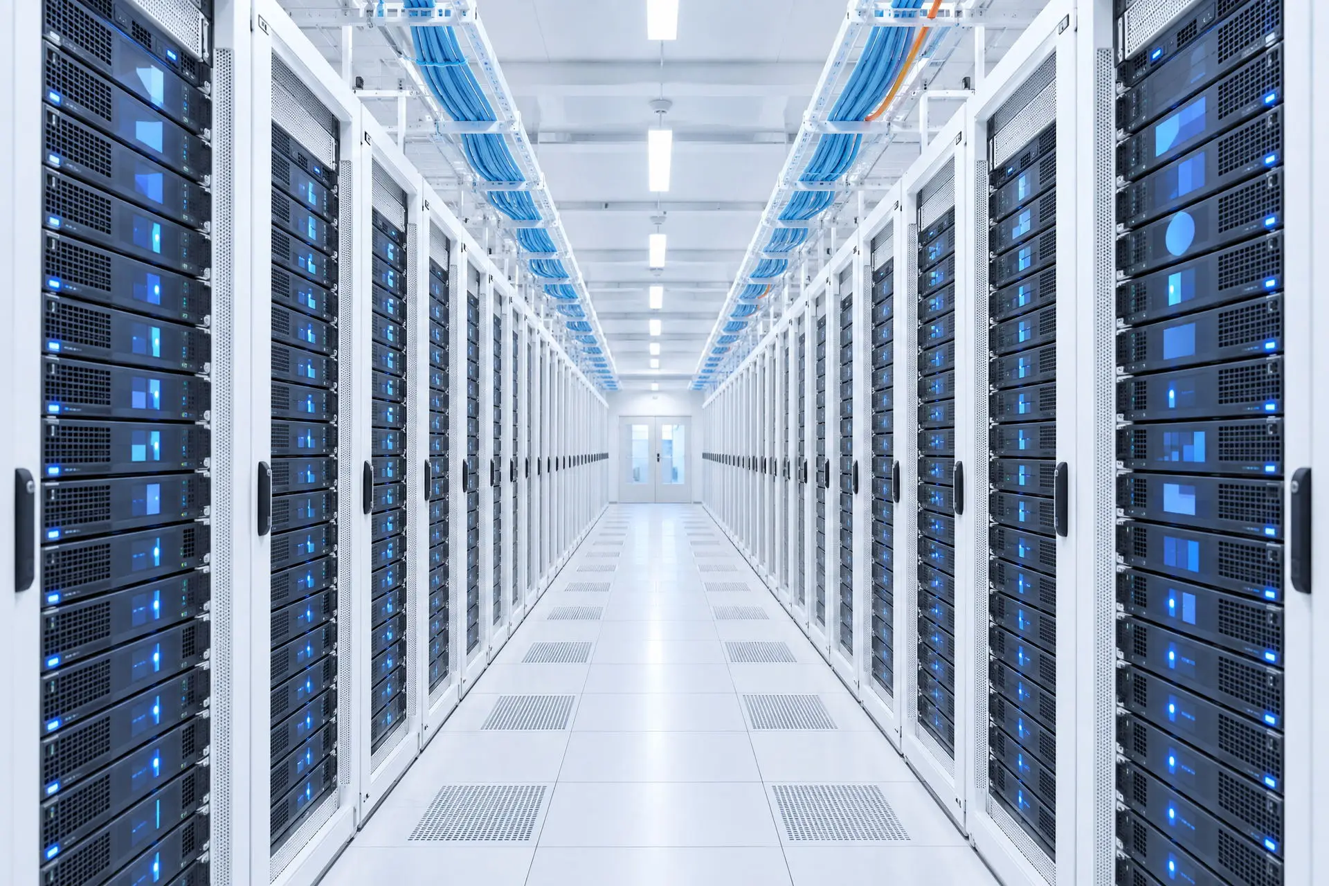 Corridoio di una sala dati bianca con due file di armadi pieni di server da 1U e fibra azzurra sulle canaline