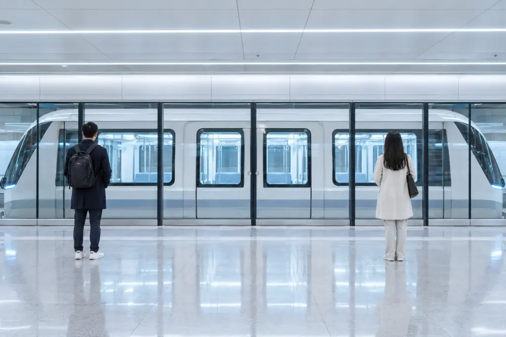 Un treno della metropolitana senza conducente fermo dietro le porte di banchina di una stazione sotterranea