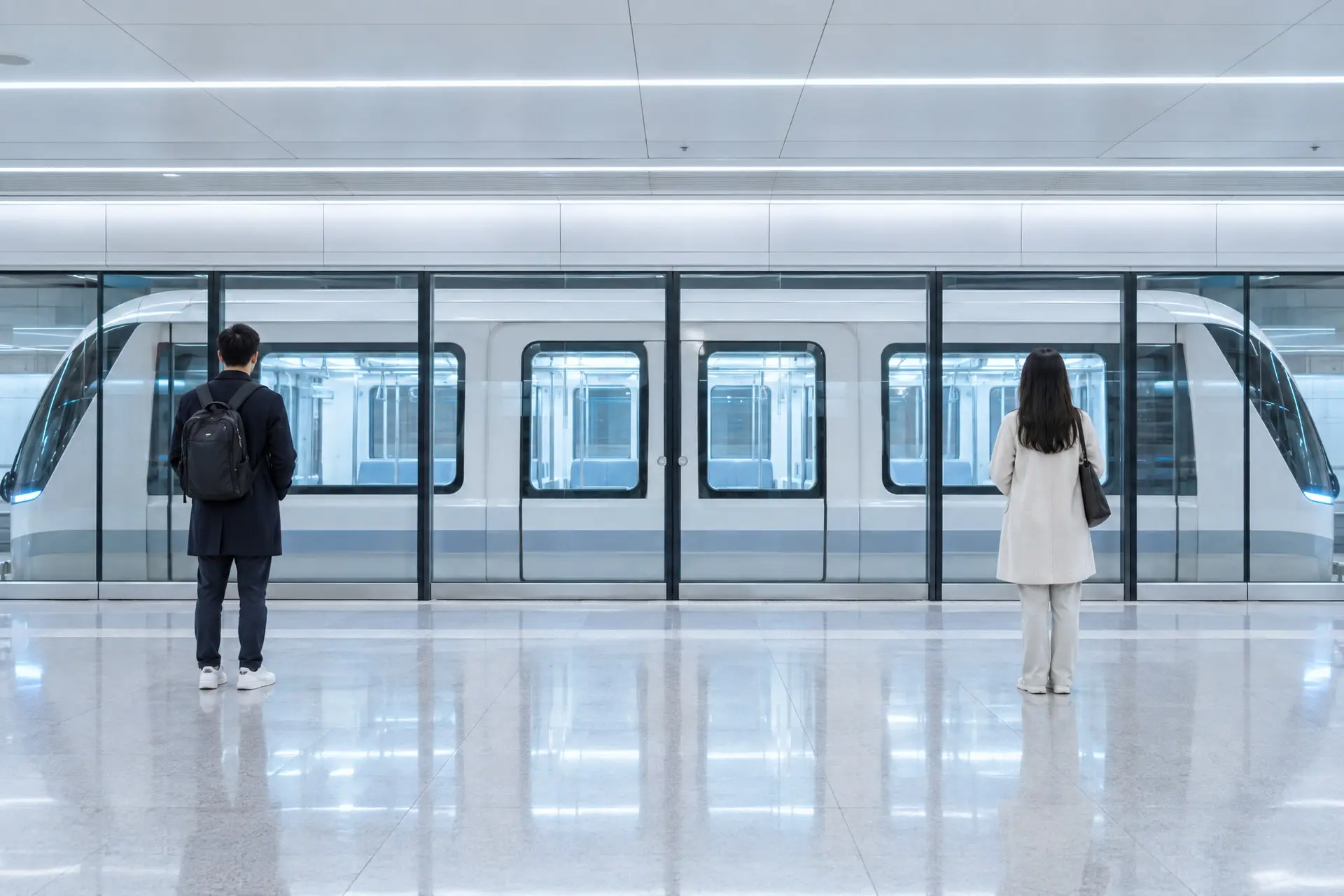 Un treno della metropolitana senza conducente fermo dietro le porte di banchina di una stazione sotterranea
