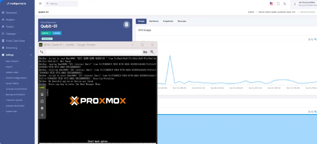 Console di una VM Proxmox aperta nel browser da MultiPortal, sopra la scheda della VM con il grafico dell'uso della CPU