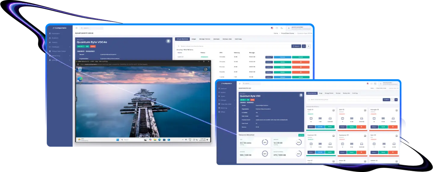 Due schermate del portale MultiPortal: il Virtual Data Center di un tenant con l'elenco delle VM e le risorse allocate, e la console di una VM Windows aperta nel browser