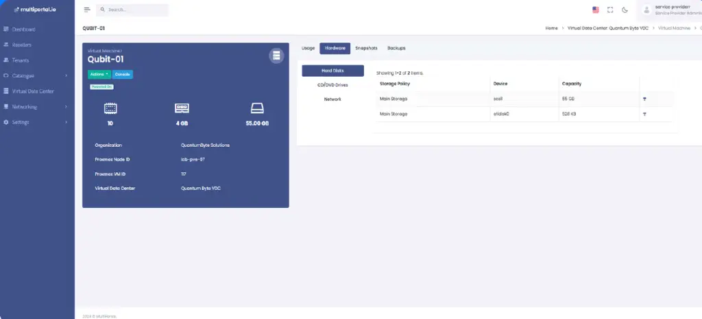 Scheda Hardware di una VM in MultiPortal: dischi con storage policy e capacità, unità CD/DVD e rete