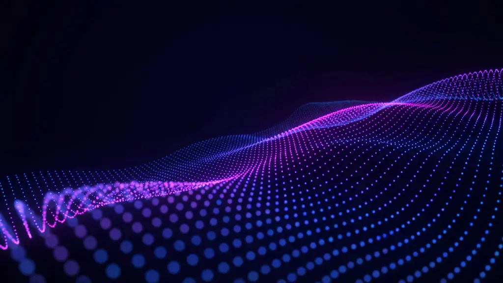 Onda di punti luminosi blu e viola su fondo scuro, che suggerisce una rete di dati