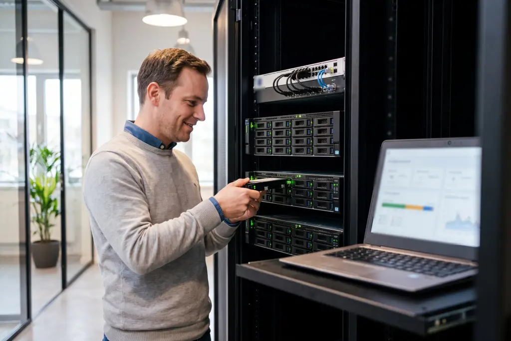 Un sistemista rimette un disco nel nodo centrale di tre server storage, accanto a un portatile con il riempimento del cluster