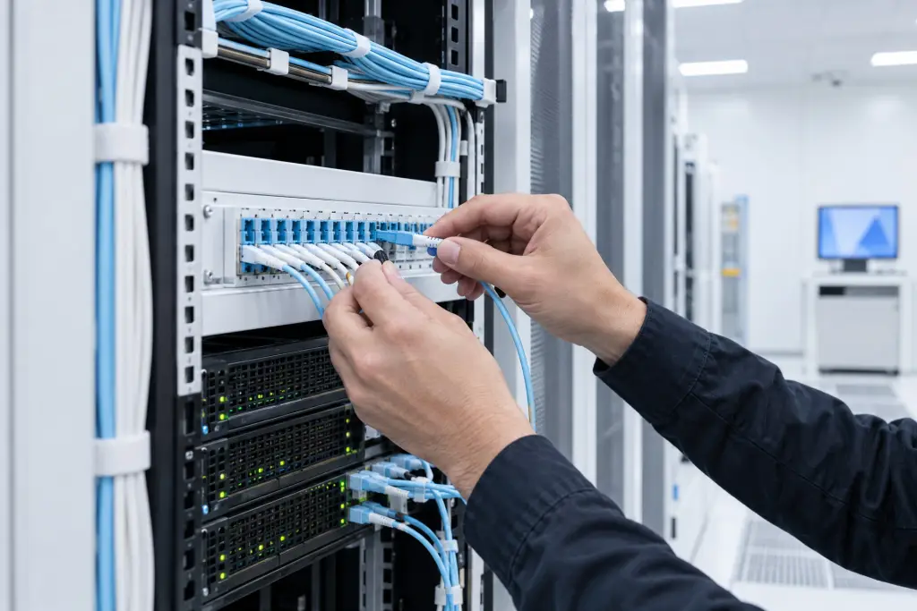 Le mani di un tecnico collegano un cavo in fibra ottica al patch panel di un armadio rack
