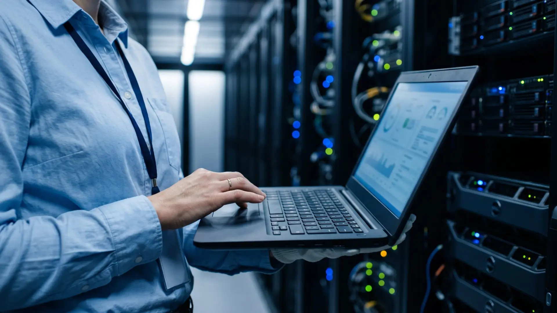 Una tecnica con un portatile in mano davanti agli armadi del data center, con un cruscotto di monitoraggio a schermo