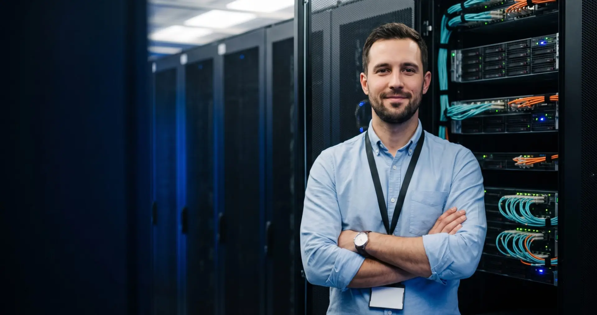 Un tecnico nella corsia del data center, davanti agli armadi con il cablaggio in fibra