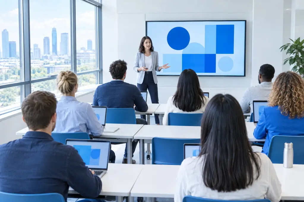 Un'aula vista da dietro, con i partecipanti ai laptop e lo schermo del docente