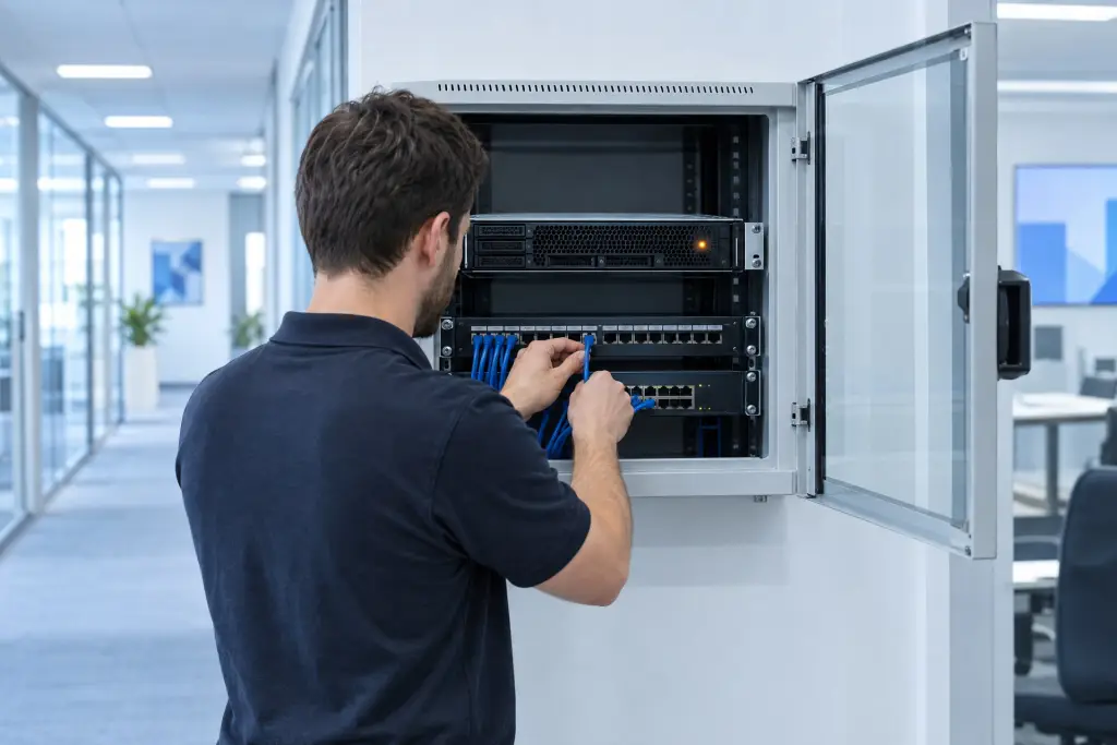 Un tecnico collega un cavo al patch panel sotto un server montato da solo in un armadio d'ufficio