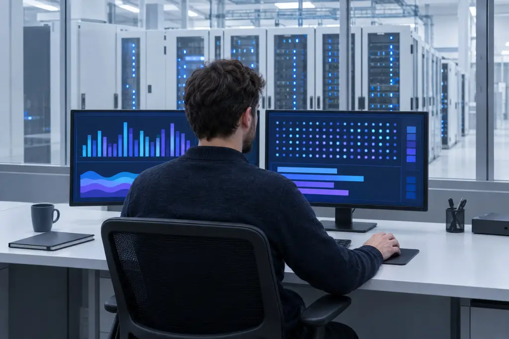 Un sistemista di spalle davanti a due monitor con grafici blu e viola, e dietro il vetro una fila di armadi rack