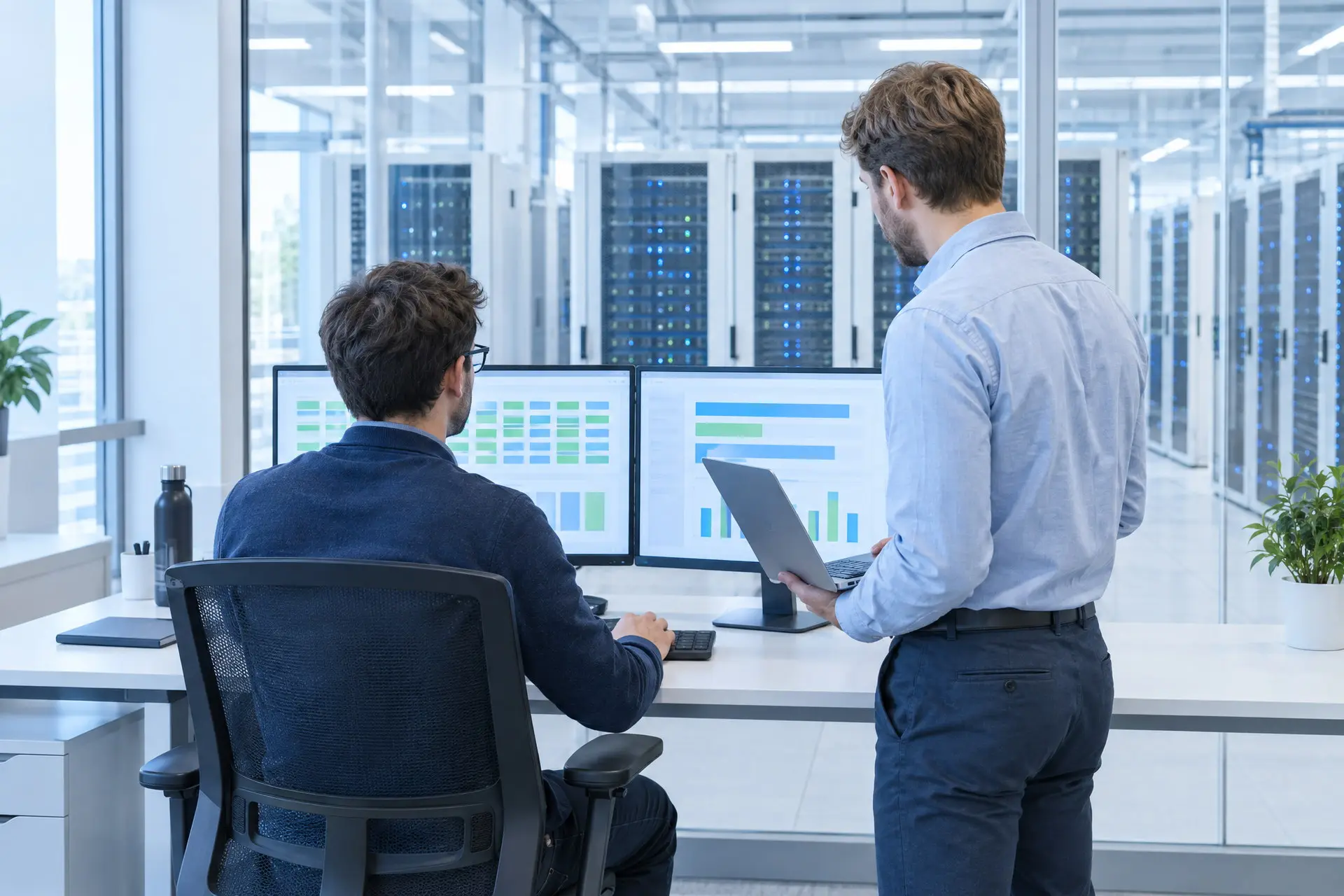 Due tecnici in una sala di controllo guardano i monitor con gli indicatori di stato, dietro la vetrata i rack