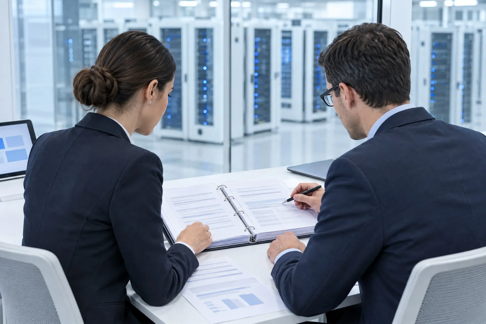 Two people at a table go through a binder of audit checklists, with server racks beyond the glass wall