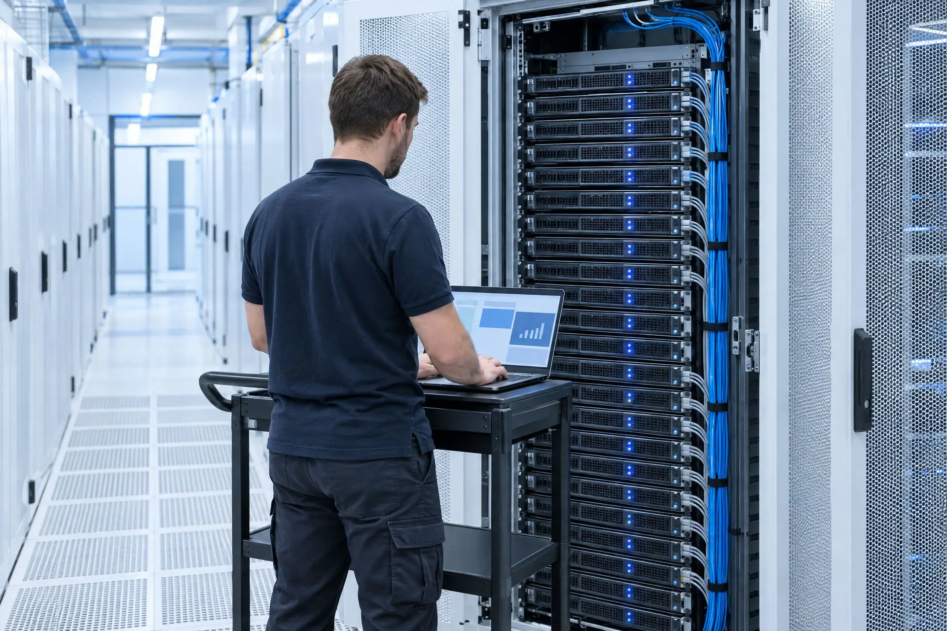 Un tecnico al carrello con il portatile davanti a un armadio aperto di server identici, con i LED blu accesi