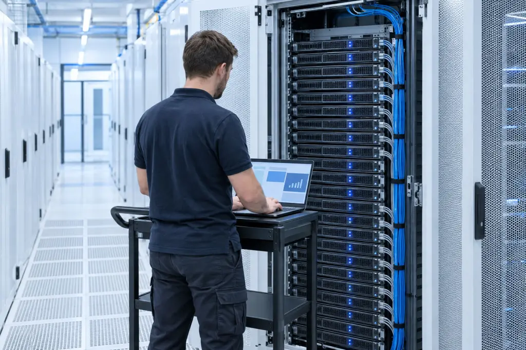 Un tecnico al carrello con il portatile davanti a un armadio aperto di server identici, con i LED blu accesi