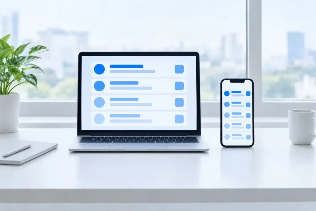 Laptop e smartphone affiancati sulla scrivania, aperti sulla stessa casella di posta
