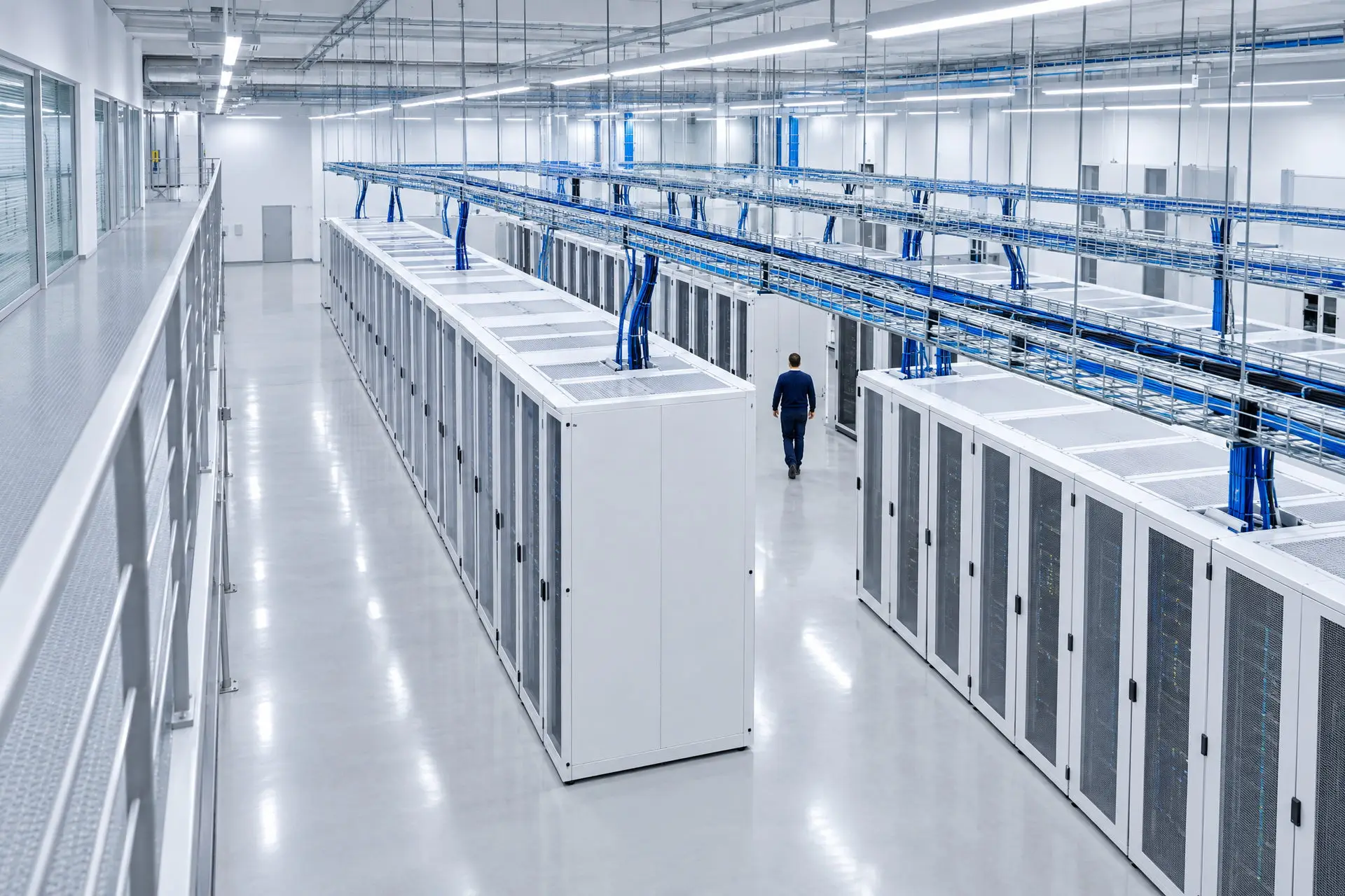 A data hall seen from above, with rows of racks and a technician walking down the aisle