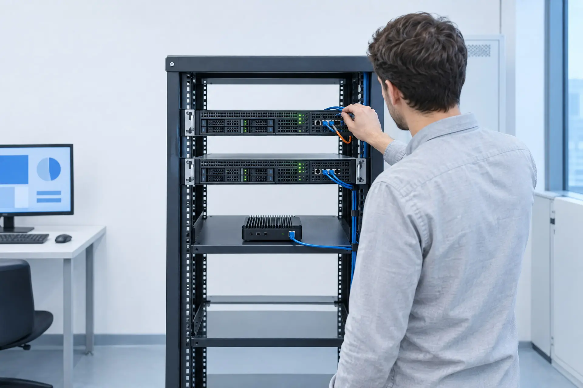 Due server identici montati uno sopra l'altro in un piccolo armadio rack, con un mini computer su un ripiano