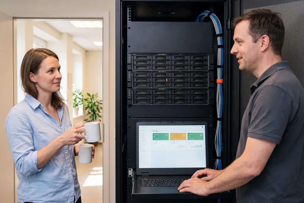 Un sistemista alla console del rack con tre server, il centrale in manutenzione, e una collega che gli porta un caffè